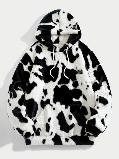 Teddyfleece Hoodie Kuhflecken-Muster mit Kängurutasche und Kapuze