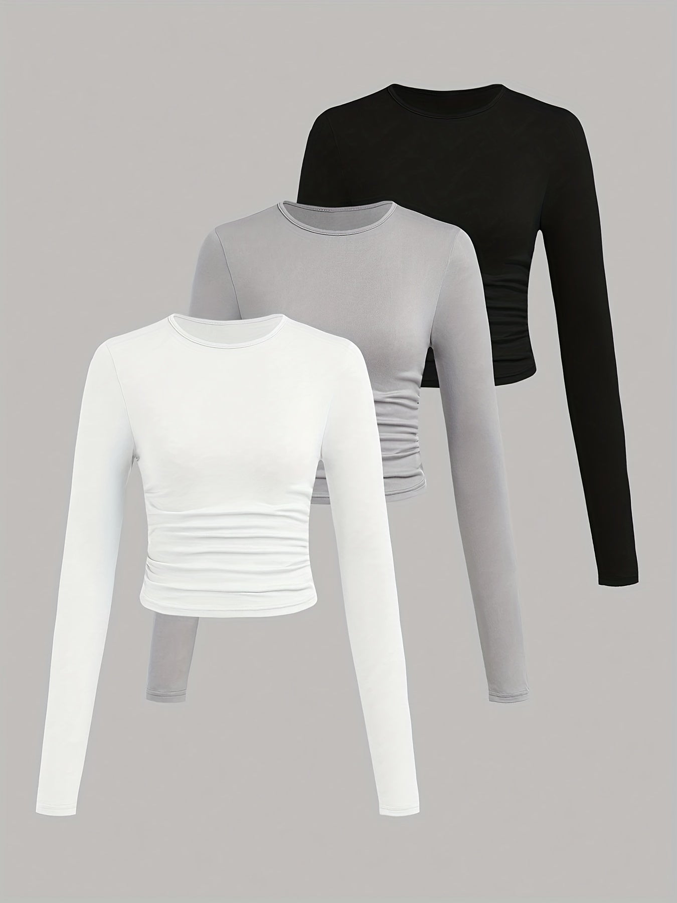 3er Pack Langarmshirt mit Rundhals und Raffung