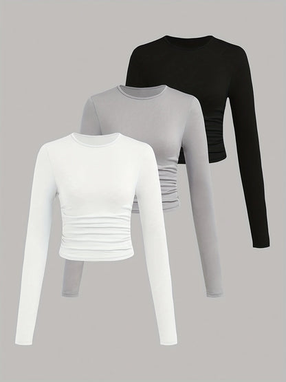 3er Pack Langarmshirt mit Rundhals und Raffung