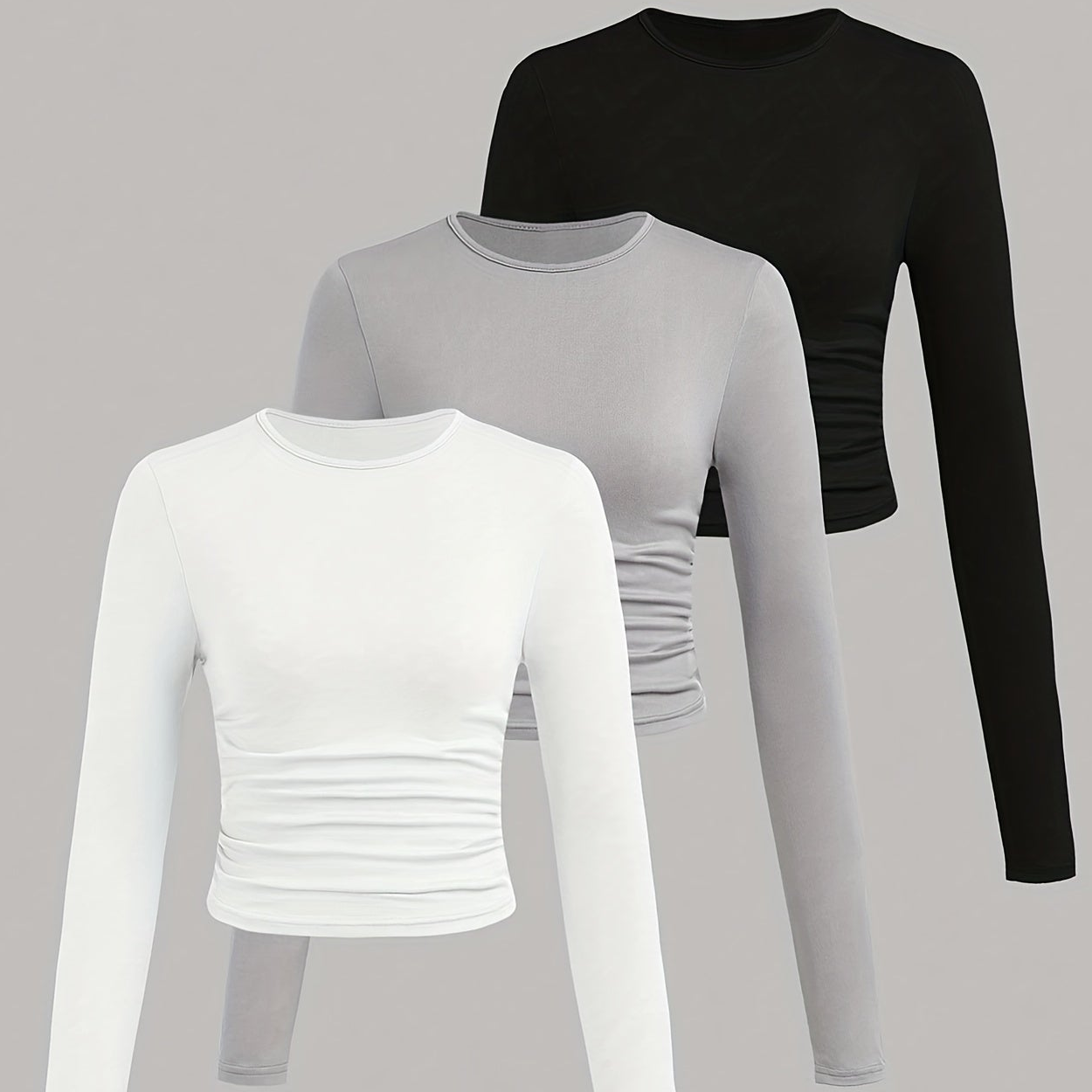 3er Pack Langarmshirt mit Rundhals und Raffung
