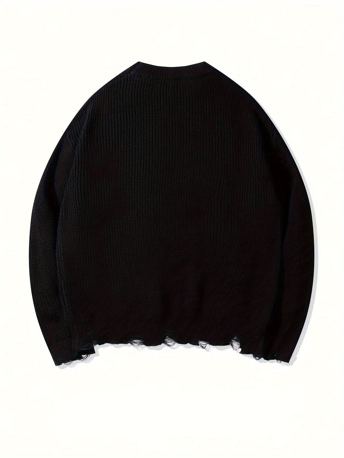 Unisex Strickpullover Schwarz mit Kreuzstich-Details und Destroyed-Effekt