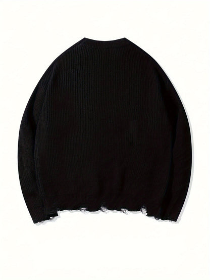 Unisex Strickpullover Schwarz mit Kreuzstich-Details und Destroyed-Effekt