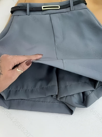 Women's Elegant High-Waist Skort with Belt and Overlay – Fashionable Culottes for Office and Leisure