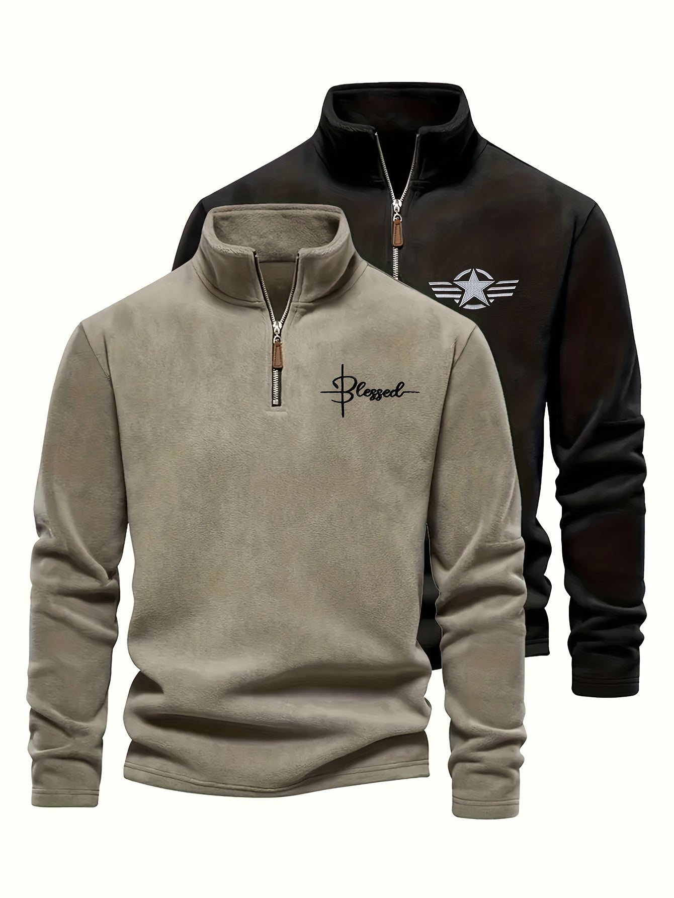 Herren Halb-Reißverschluss Pullover Fleece Khaki Schwarz