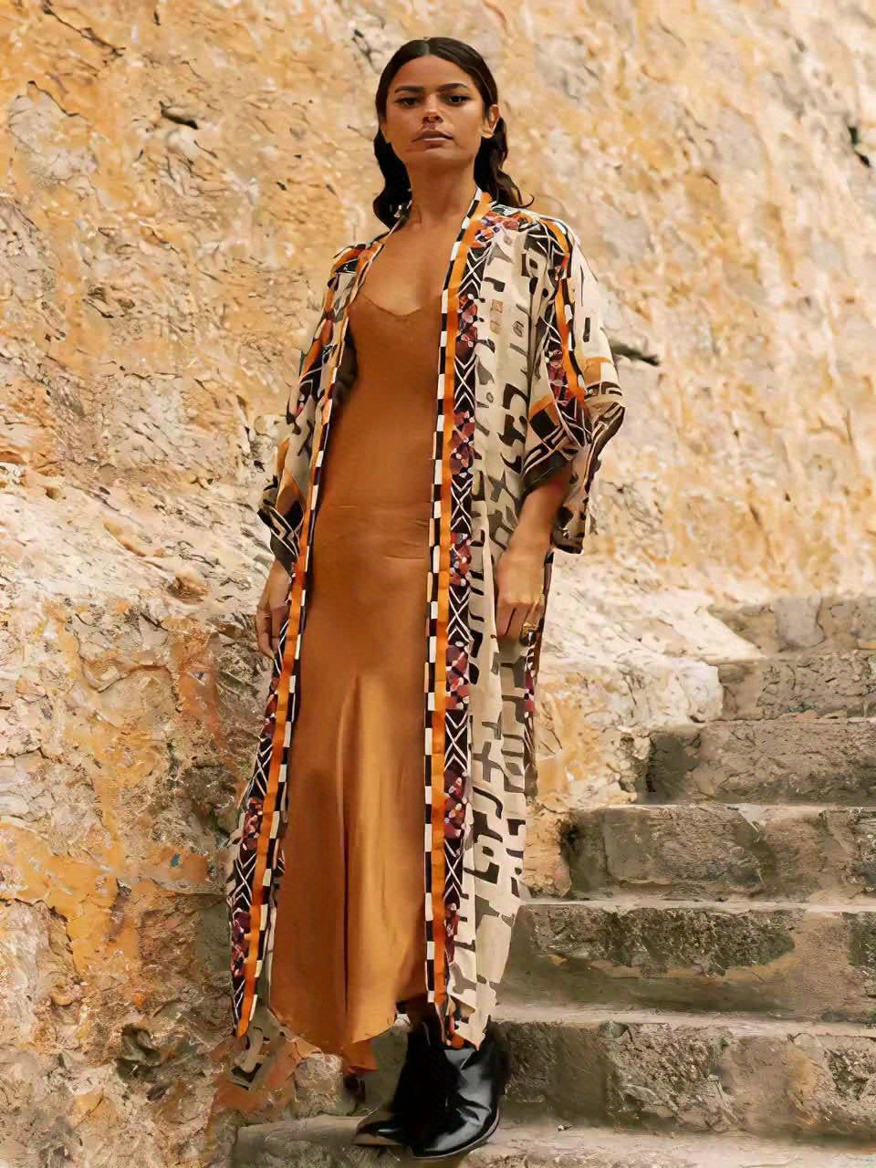 Women's Boho Long Kimono with Ikat Pattern – Elegant Beach and Summer Fashion