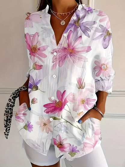 Women's Blouse with Floral Pattern – Elegant Long-Sleeve Shirt Blouse for Spring and Summer, Casual & Office