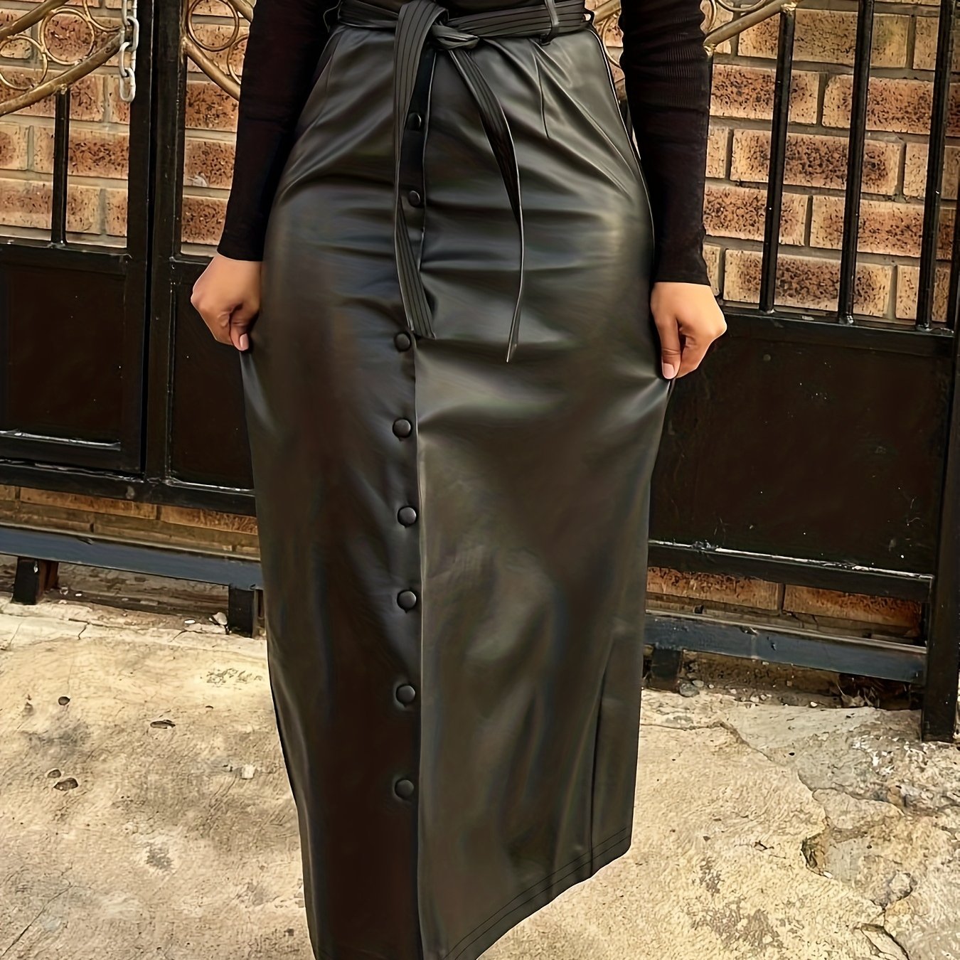 Women's faux leather maxi skirt with buttons and tie belt, black