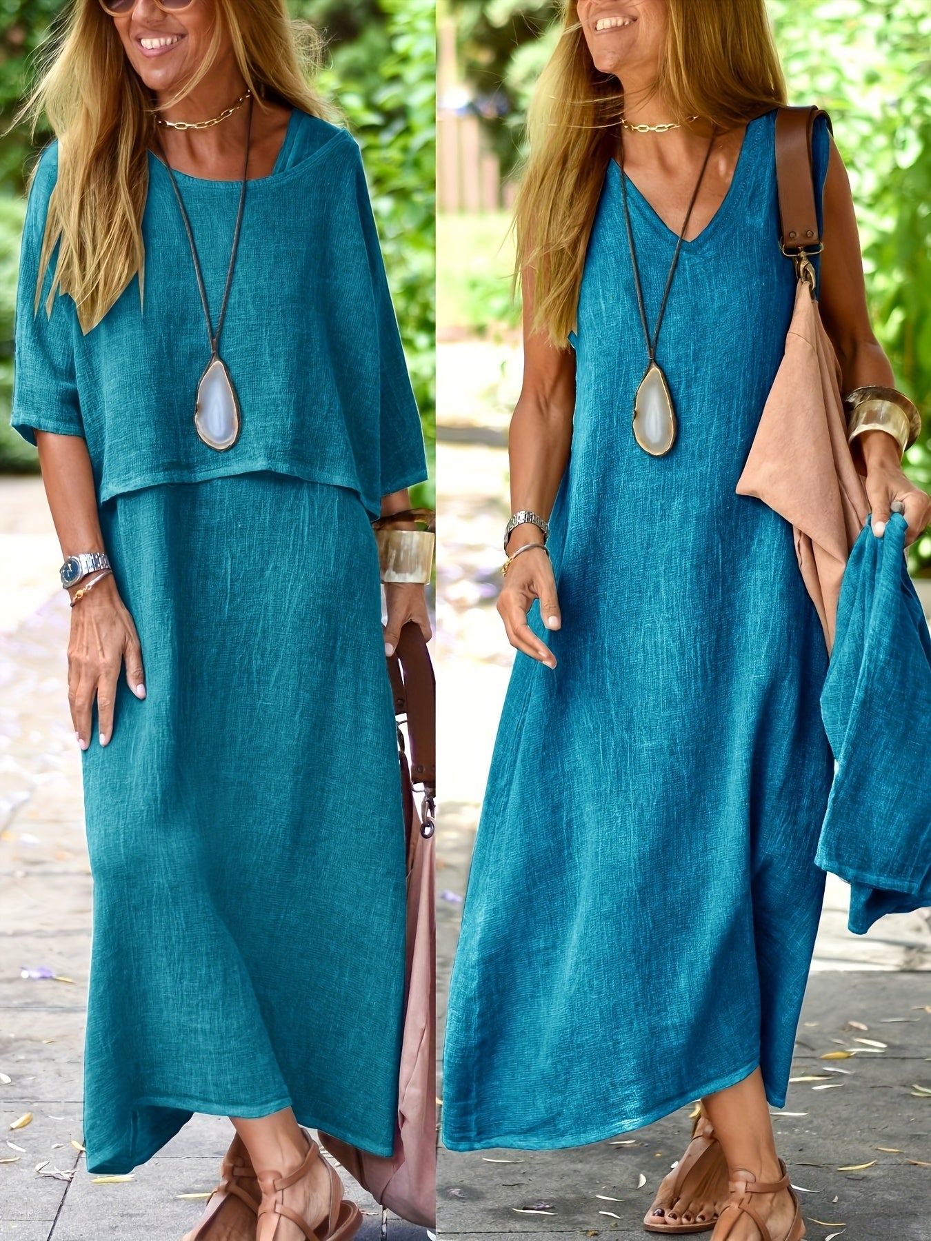 Damen Maxikleid Zweiteiler Set Boho Stil Lässig Sommerkleid für Alltag und Urlaub