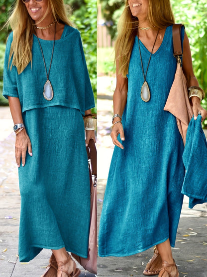 Damen Maxikleid Zweiteiler Set Boho Stil Lässig Sommerkleid für Alltag und Urlaub