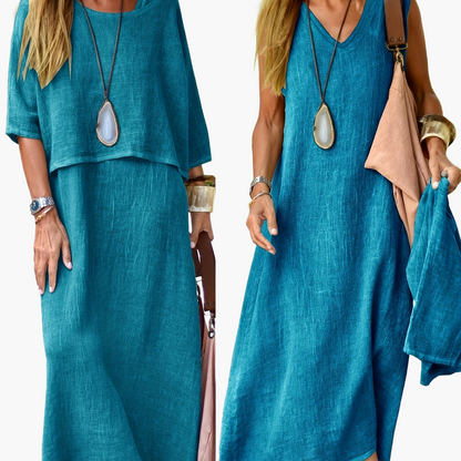 Damen Maxikleid Zweiteiler Set Boho Stil Lässig Sommerkleid für Alltag und Urlaub