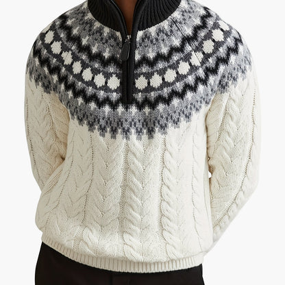 Herren Pullover im Norwegerstil mit Zopfmuster und Stehkragen – Lässiger Winter Strickpullover mit Viertelreißverschluss