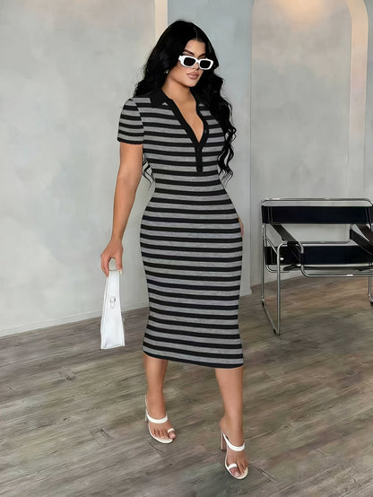 Women's Polo Midi Dress in Bodycon Style with Stripes – Elegant Casual Look for Everyday and Going Out