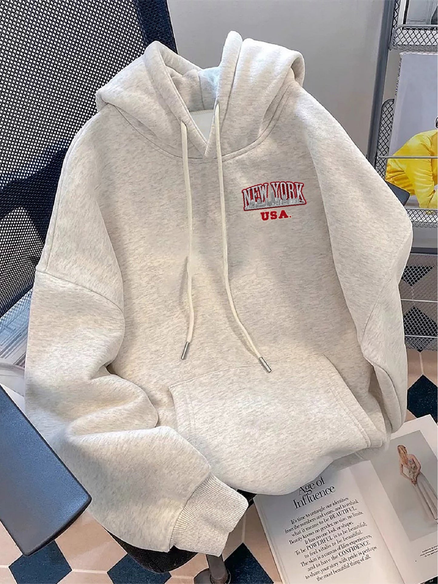Hoodie with "NEW YORK USA" embroidery, light gray, relaxed fit