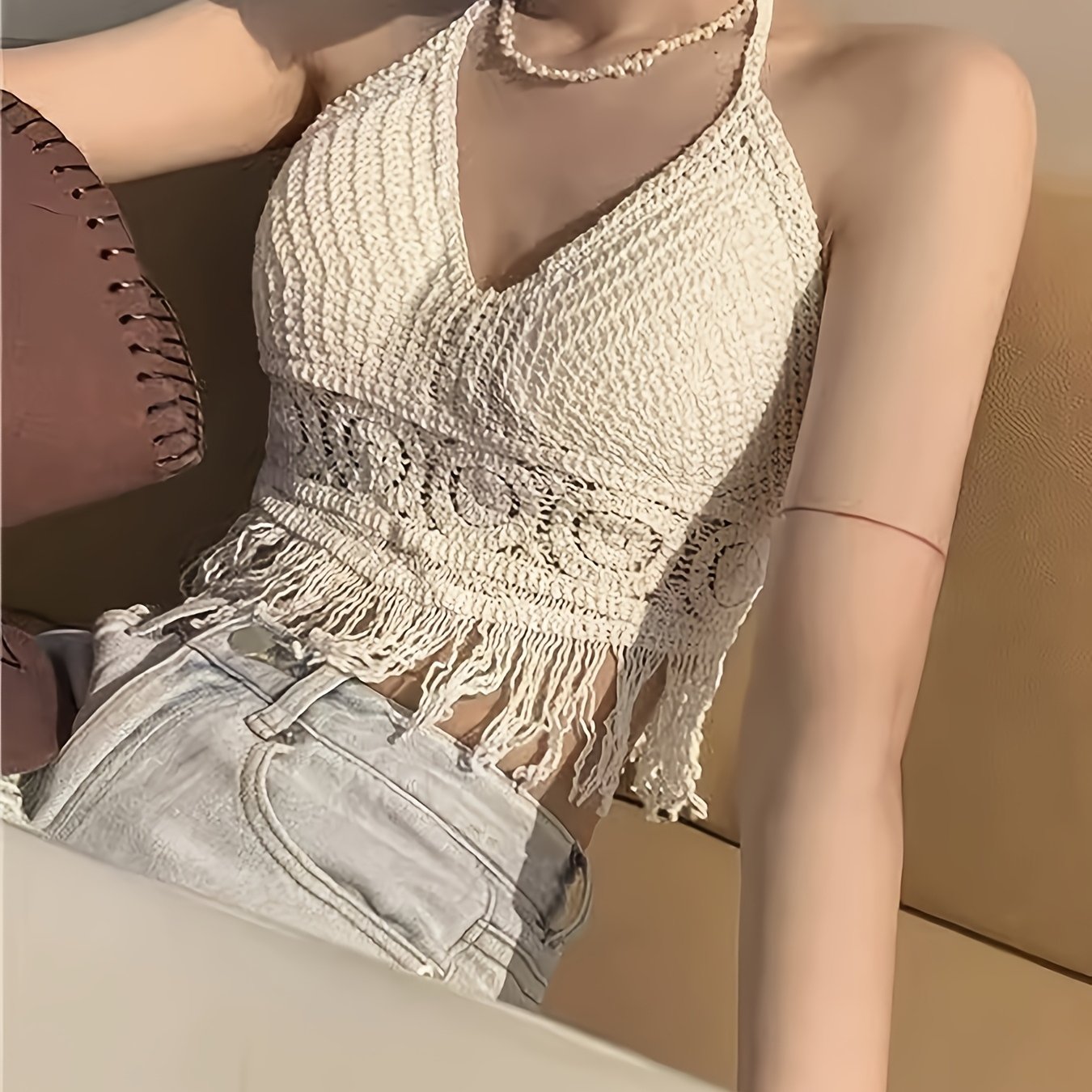 Women's Boho Crochet Halter Crop Top with Fringe – Trendy Summer Festival Top