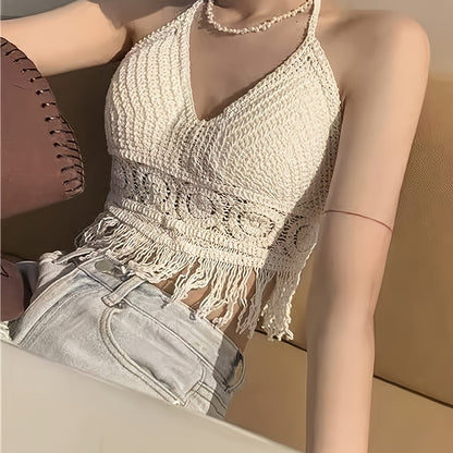 Women's Boho Crochet Halter Crop Top with Fringe – Trendy Summer Festival Top