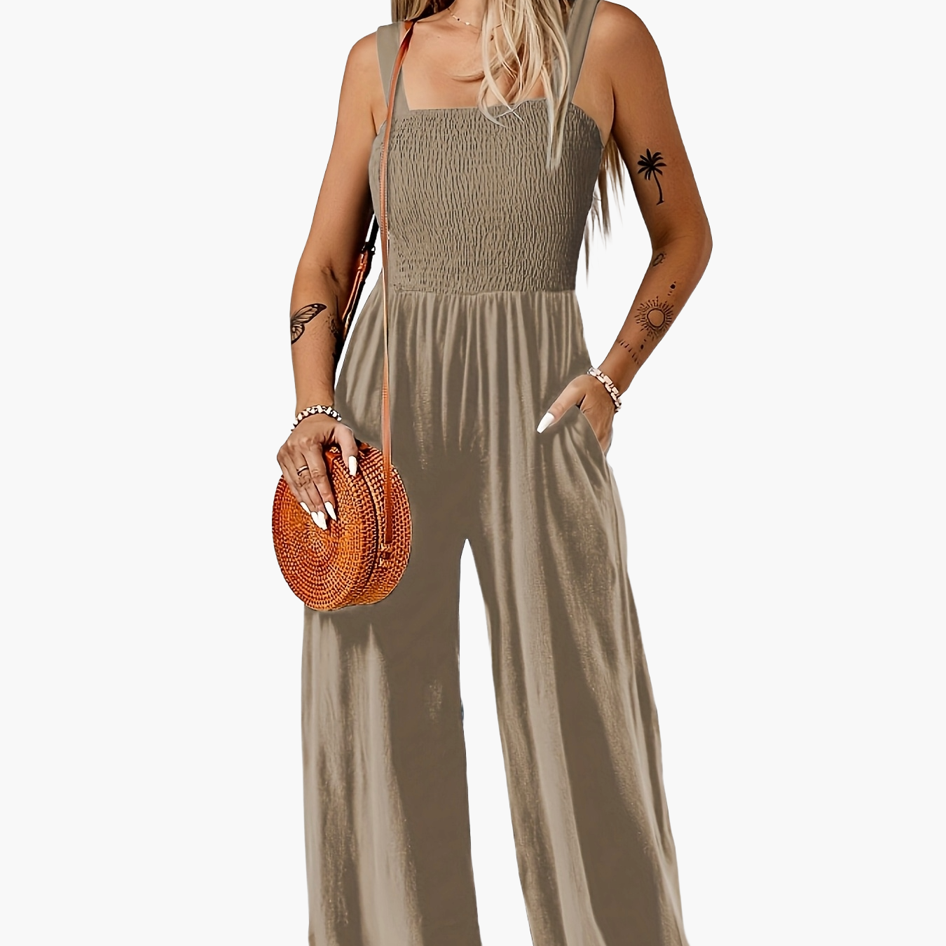 Women's Elegant Jumpsuit with Smocked Top and Wide Legs for Everyday and Leisure