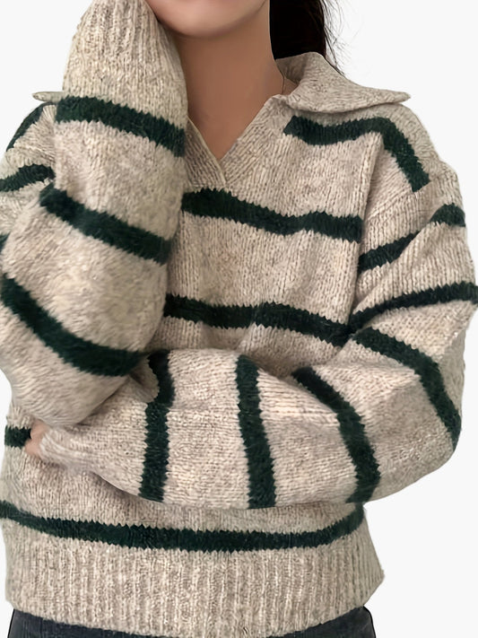 Damen Strickpullover mit Streifenmuster und Polokragen – Eleganter Herbst/Winter Freizeit-Look