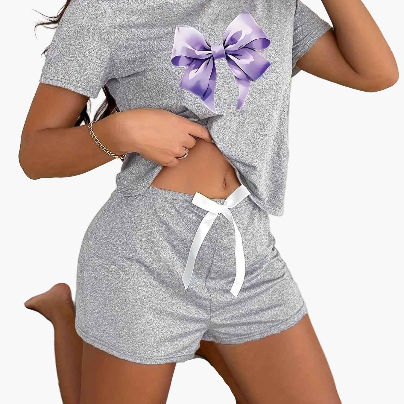 Women's pajama set with bow print, short sleeves, summer, loungewear, casual style