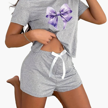 Women's pajama set with bow print, short sleeves, summer, loungewear, casual style