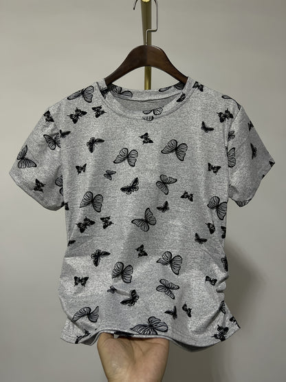 Damen T-Shirt mit Schmetterlingsdruck, tailliert, Kurzarm, Freizeit & Urlaub