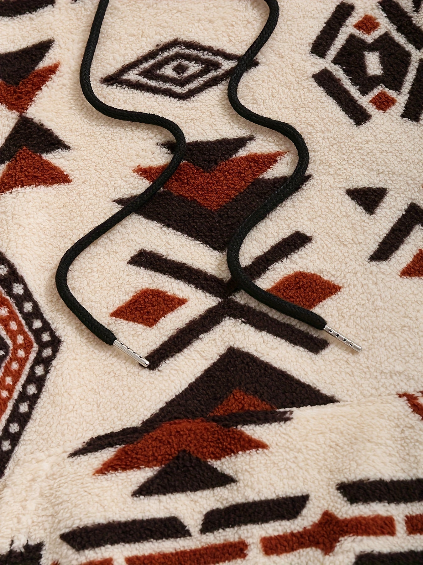 Unisex teddy hoodie with ethnic pattern in beige/brown/black