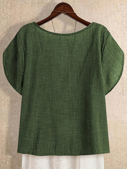 Women's tunic blouse with asymmetrical collar and short sleeves – Artistic casual style