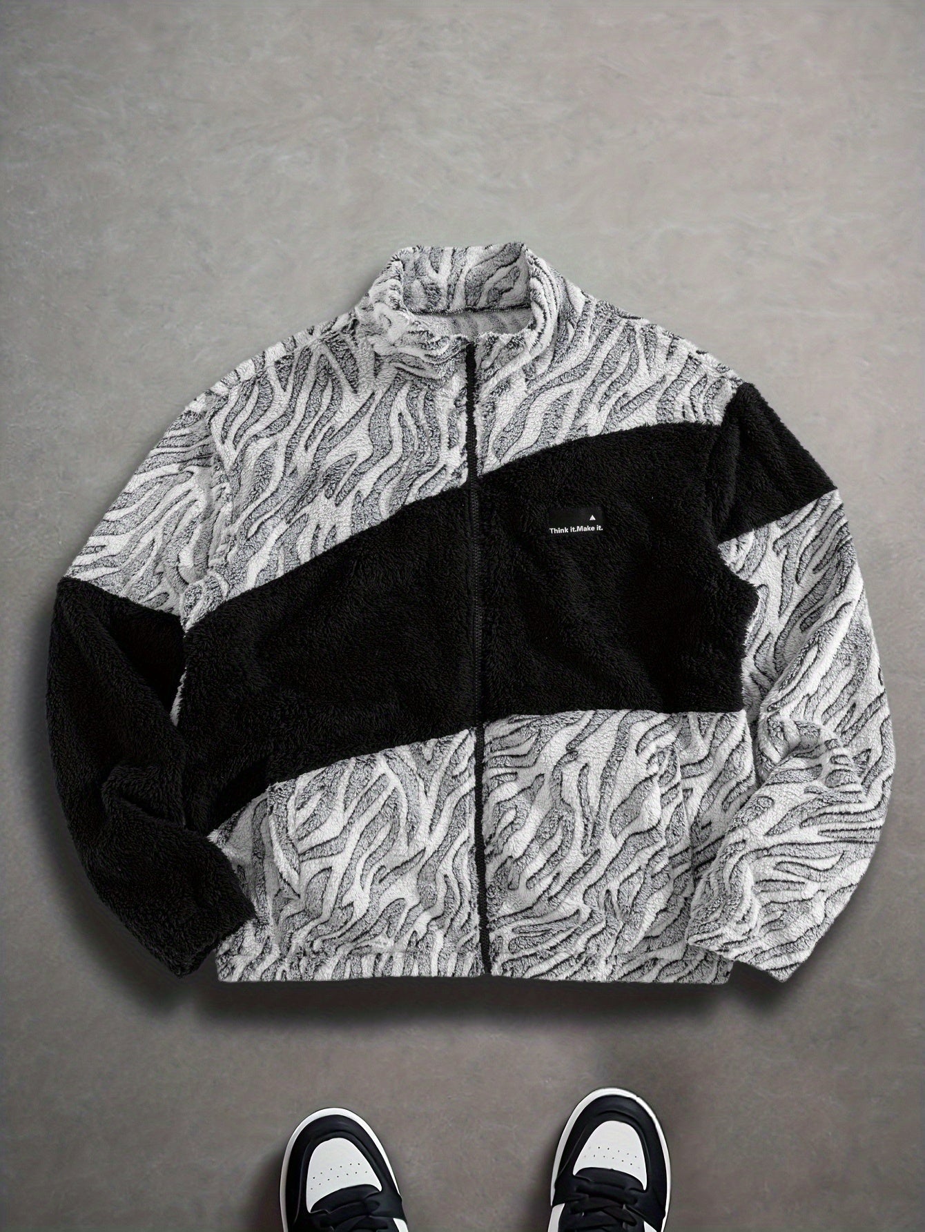 Unisex fleece jacket with stand-up collar, zipper, and animal print