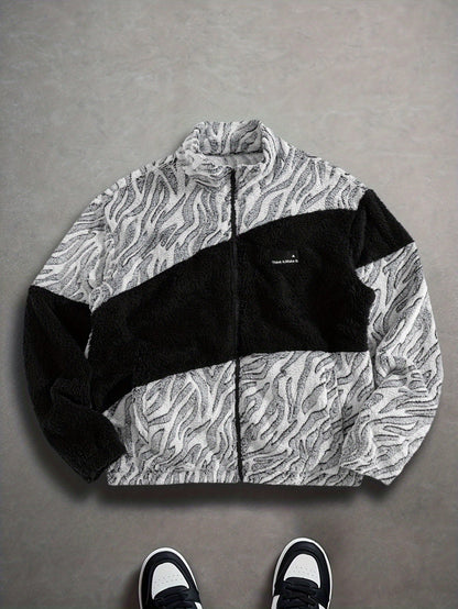 Unisex fleece jacket with stand-up collar, zipper, and animal print