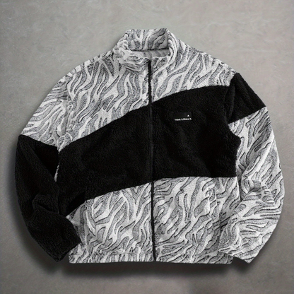 Unisex fleece jacket with stand-up collar, zipper, and animal print