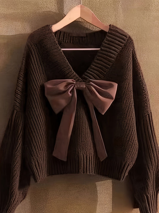 Damen Pullover V-Ausschnitt mit großer Schleife, gerippt, Langarm