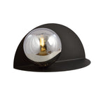 Zwarte halfronde wandlamp met ronde grafietkleurige glazen kap en zichtbare gloeilamp
