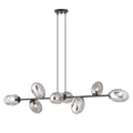 Zwarte hanglamp met horizontale balk en 8 grafietkleurige glazen kappen, opgehangen aan twee dunne stangen