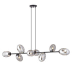 Zwarte hanglamp met horizontale balk en 8 grafietkleurige glazen kappen, opgehangen aan twee dunne stangen