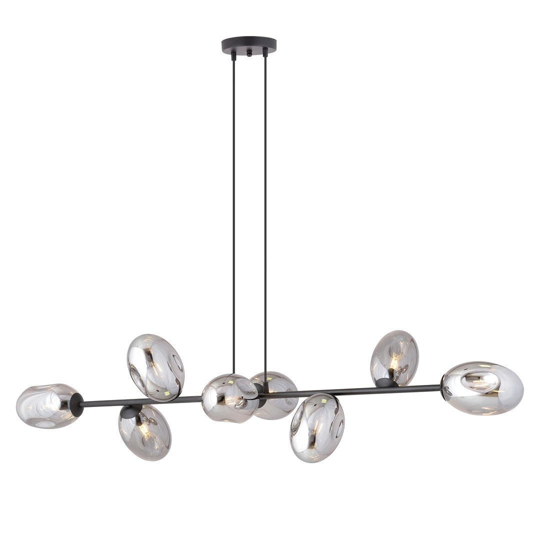 Zwarte hanglamp met horizontale balk en 8 grafietkleurige glazen kappen, opgehangen aan twee dunne stangen