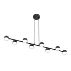 Zwarte hanglamp met horizontale balk en acht cilindrische armaturen, opgehangen aan twee dunne kabels