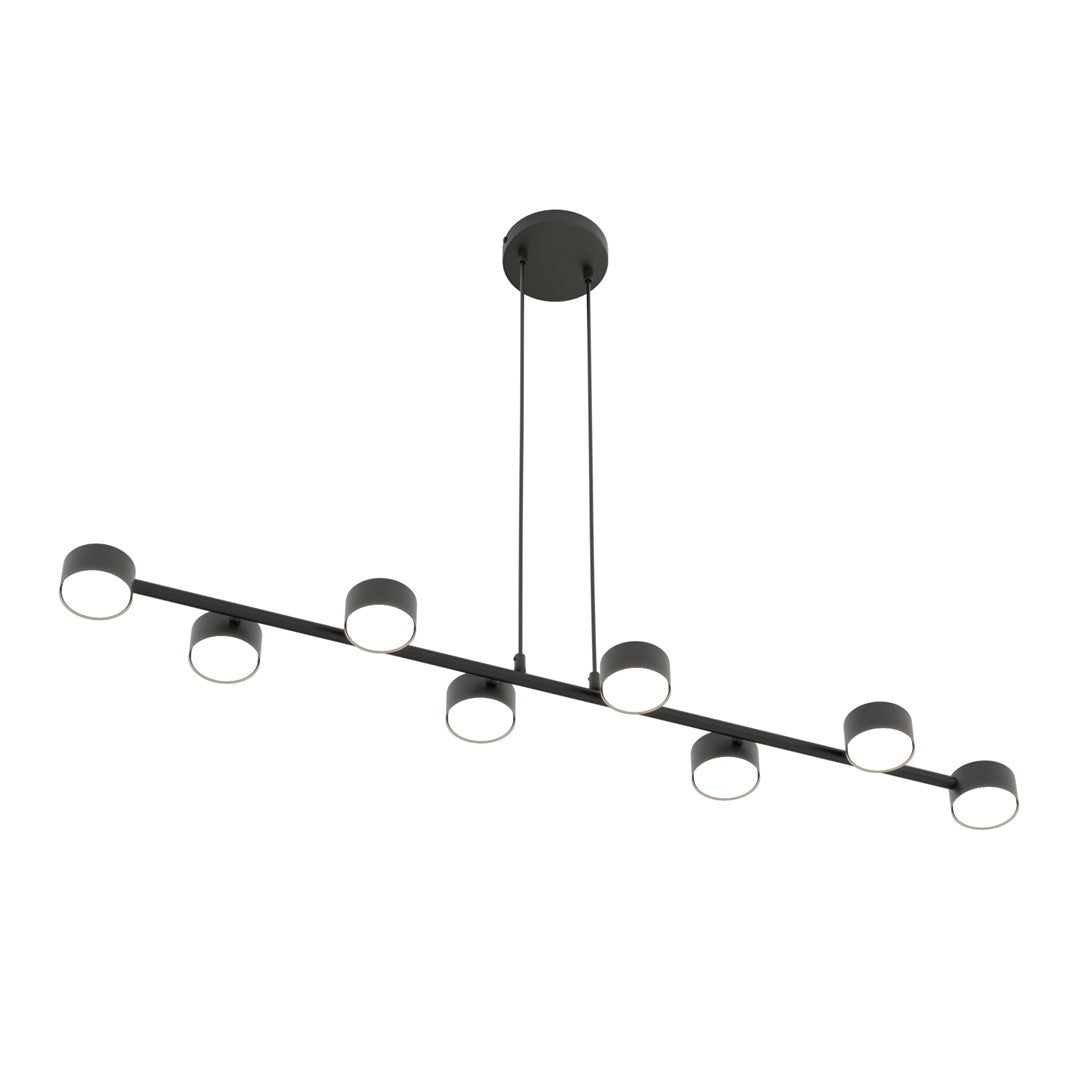 Zwarte hanglamp met horizontale balk en acht cilindrische armaturen, opgehangen aan twee dunne kabels