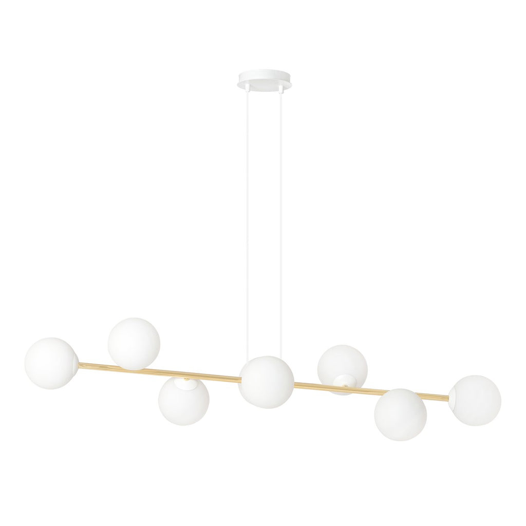 Lange hanglamp met gouden buis, witte plafondkap en witte glazen bollen
