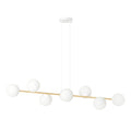 Lange hanglamp met gouden buis, witte plafondkap en witte glazen bollen