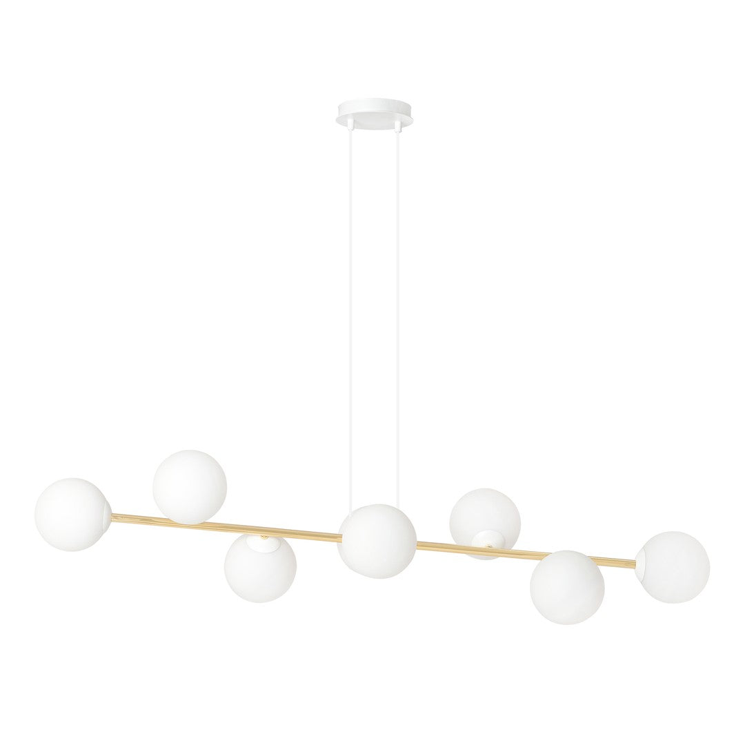 Lange hanglamp met gouden buis, witte plafondkap en witte glazen bollen