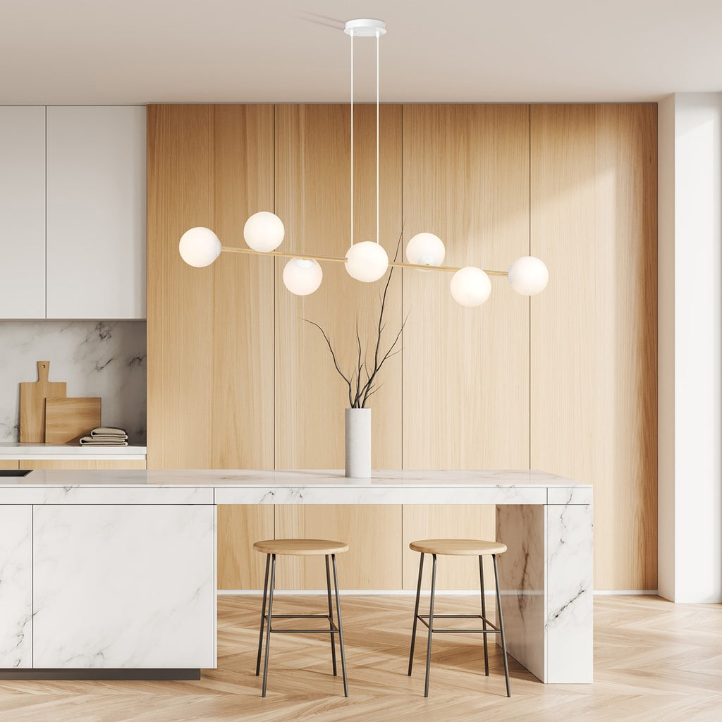 Hanglamp gepoedercoat staal en glas Gravity, wit en goud, 140 cm breed, 8 fittingen E14, verstelbare hoogte