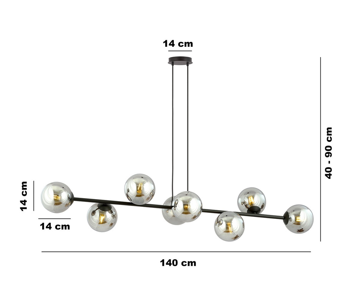 Hanglamp gepoedercoat staal en glas Rossi, zwart met grafiet kappen, 8 lichtpunten E14, 130 cm breed