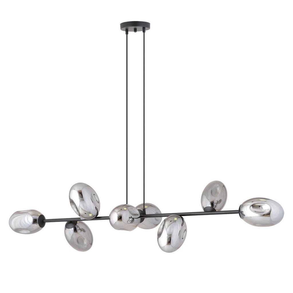 Hanglamp gepoedercoat staal en glas Pandora, modern, zwart met grafiet kappen, 8 lichtpunten E14, 140 cm