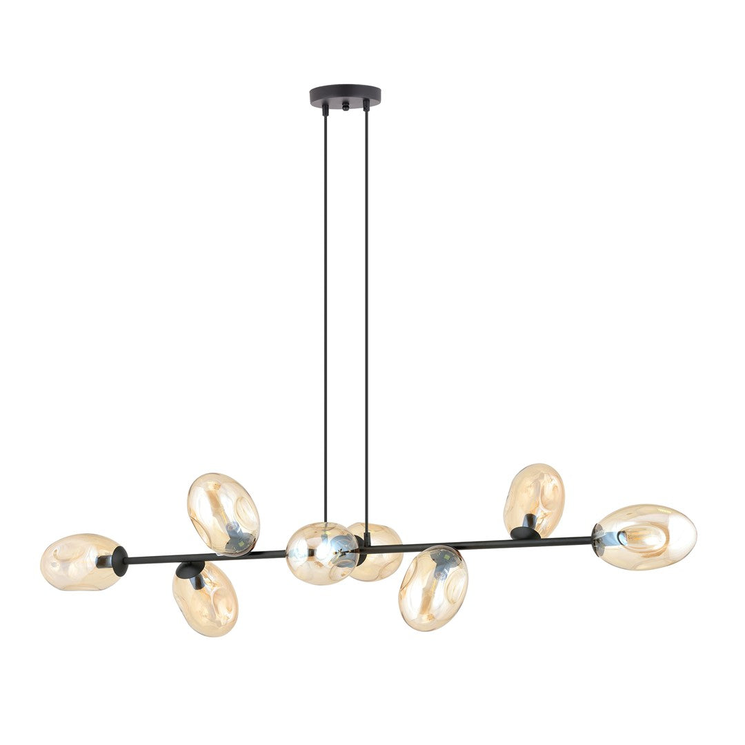 Hanglamp gepoedercoat staal en glas Pandora 8 lichts, zwart met amberkleurige kappen, 140 cm breed, eettafel of woonkamer