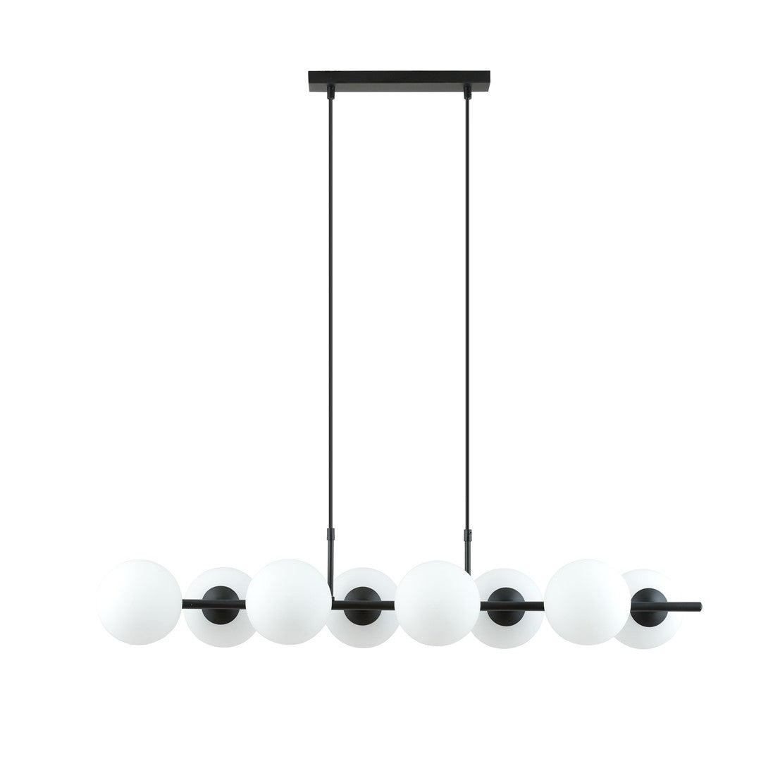 Hanglamp gepoedercoat staal en glas, modern Rory 8 lichts, zwart met witte kappen, 115 cm breed, eettafel