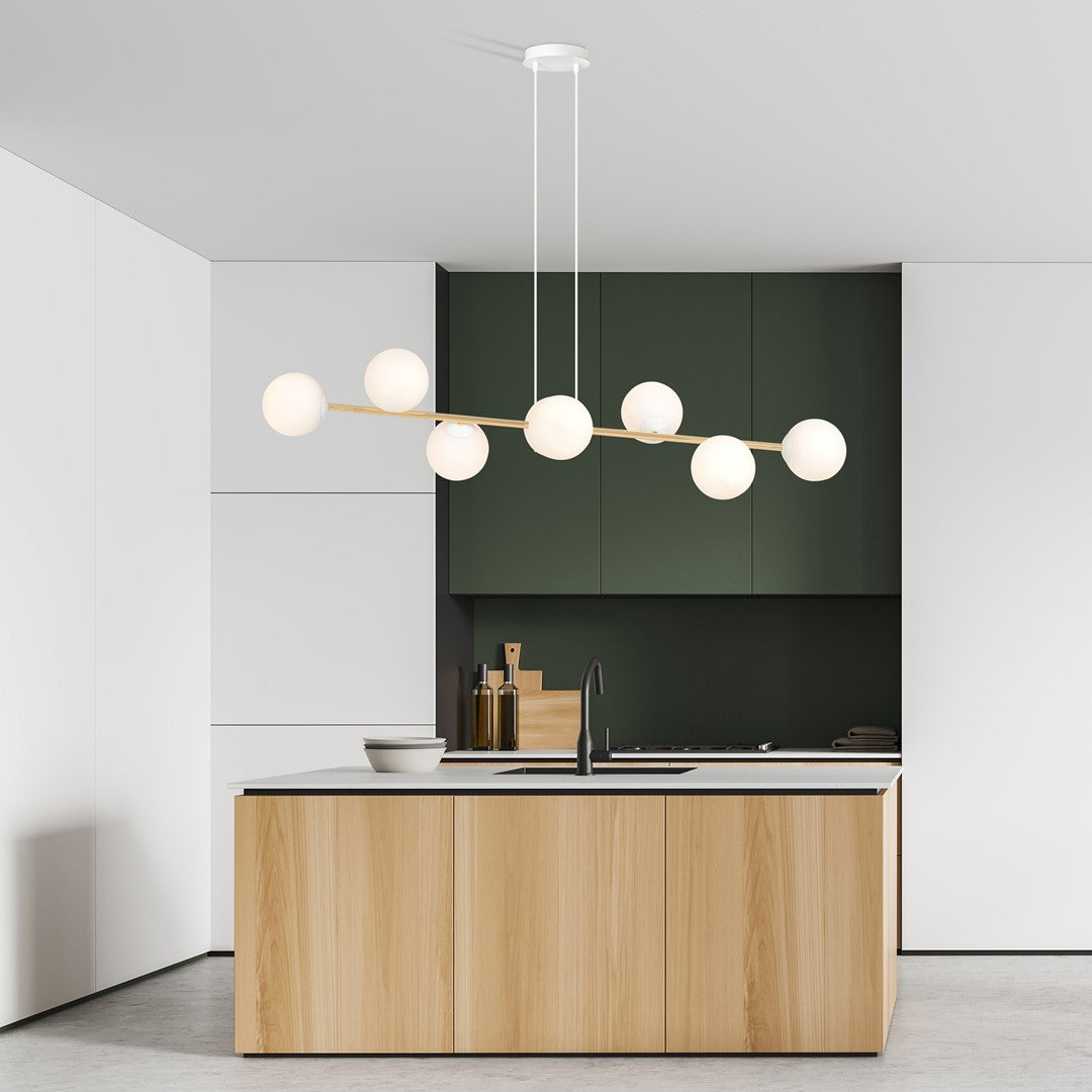 Hanglamp gepoedercoat staal en glas Gravity, wit en goud, 140 cm breed, 8 fittingen E14, verstelbare hoogte