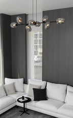 Hanglamp gepoedercoat staal en glas Pandora, modern, zwart met grafiet kappen, 8 lichtpunten E14, 140 cm