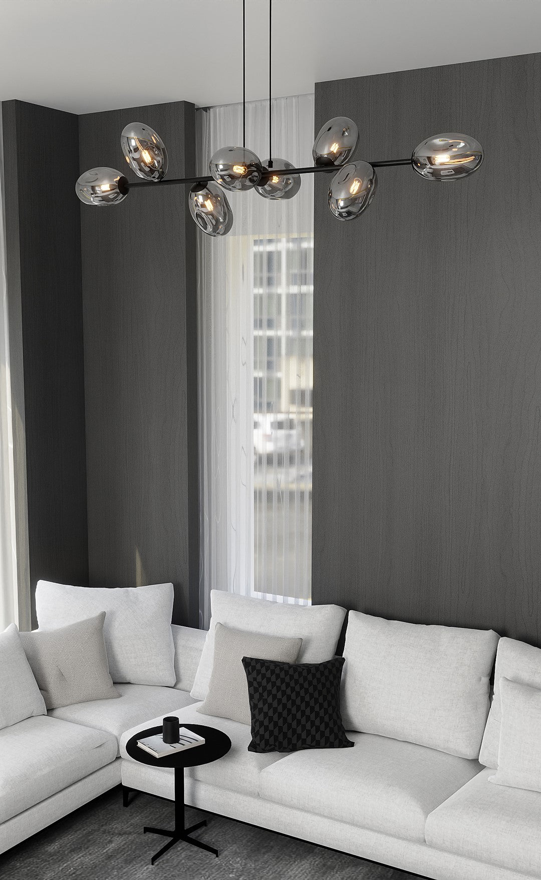 Hanglamp gepoedercoat staal en glas Pandora, modern, zwart met grafiet kappen, 8 lichtpunten E14, 140 cm