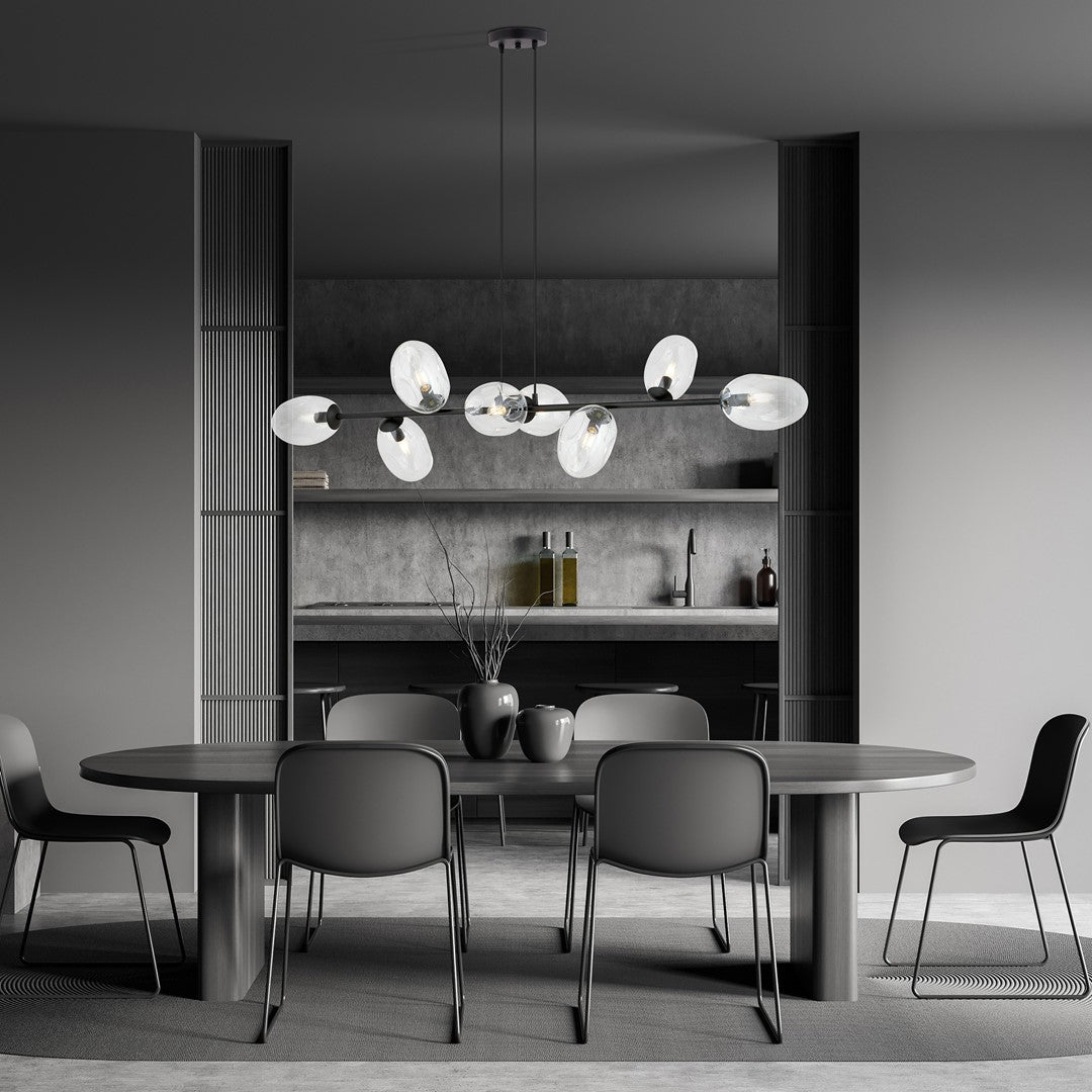 Hanglamp gepoedercoat staal en glas Pandora, zwart met transparante kappen, 8 lichts, 140 x 100 cm