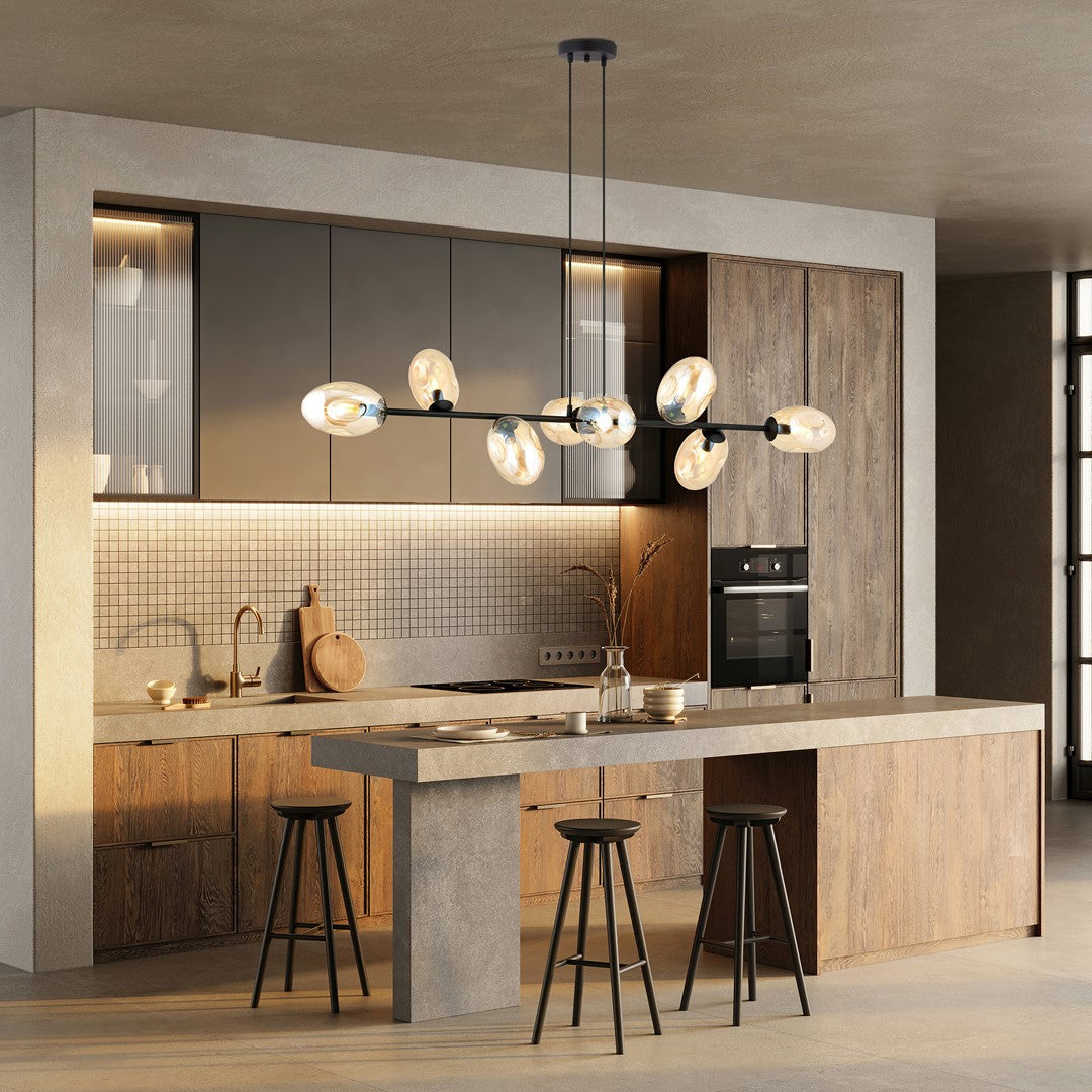 Hanglamp gepoedercoat staal en glas Pandora 8 lichts, zwart met amberkleurige kappen, 140 cm breed, eettafel of woonkamer