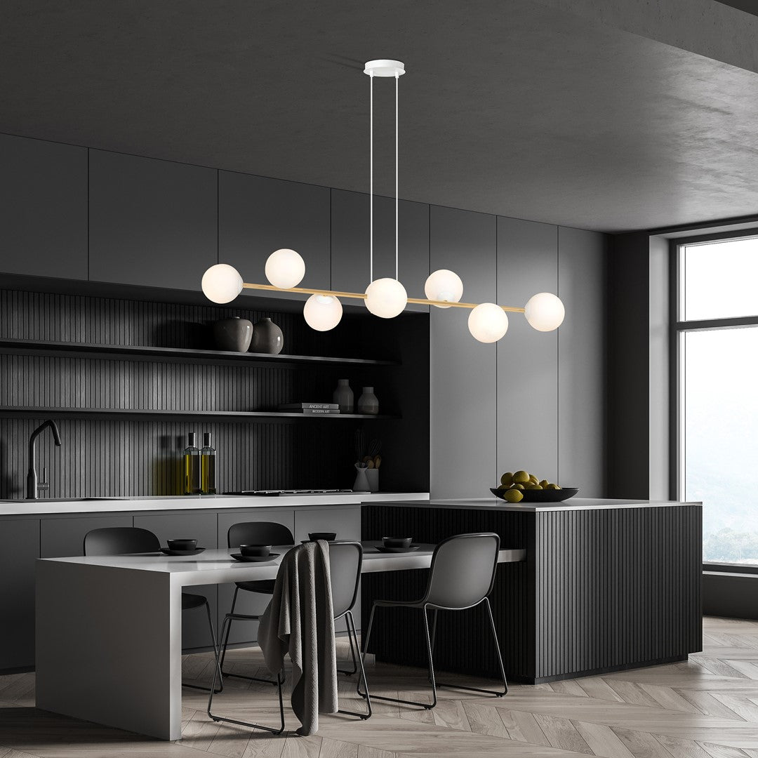 Hanglamp gepoedercoat staal en glas Gravity, wit en goud, 140 cm breed, 8 fittingen E14, verstelbare hoogte